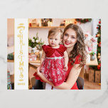 Merry Christmas white 2 photos family gold Foil Holiday Postcard<br><div class="desc">Modern holiday greeting postcard with a full-bleed custom photo and a white vertical overlay strip on the left that draws attention to the real foil text "Merry Christmas." On the back of the postcard, you may add one more of your favourite family pictures as well as your own greeting message....</div>