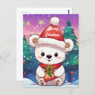 Merry Christmas White Baby Polar Bear  Postcard