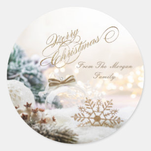 Merry Christmas White Balls Snowflakes Classic Round Sticker