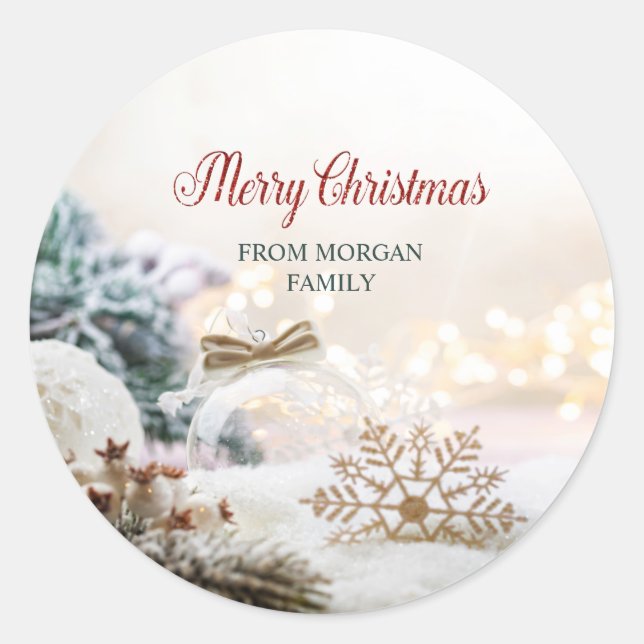 Merry Christmas White Balls Snowflakes Classic Round Sticker (Front)