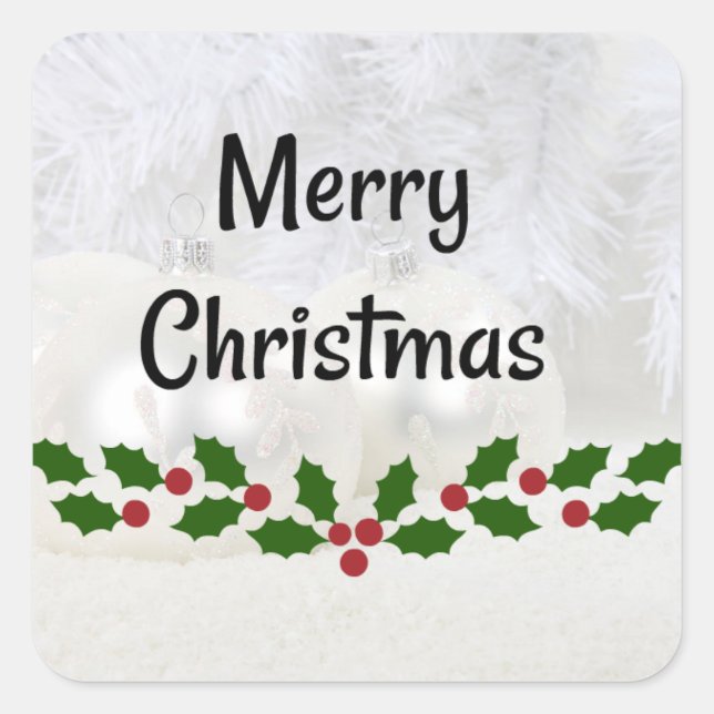 Merry Christmas, white baubles background, Square Sticker (Front)