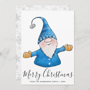 Merry Christmas White Blue Yellow Cute Gnome Holiday Card