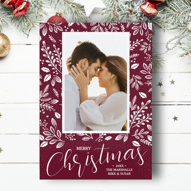 Merry Christmas White Botanicals Photo Holiday Card (White botanicals on cranberry Merry Christmas photo holiday cards, PRINTED and/or INSTANT DOWNLOAD)