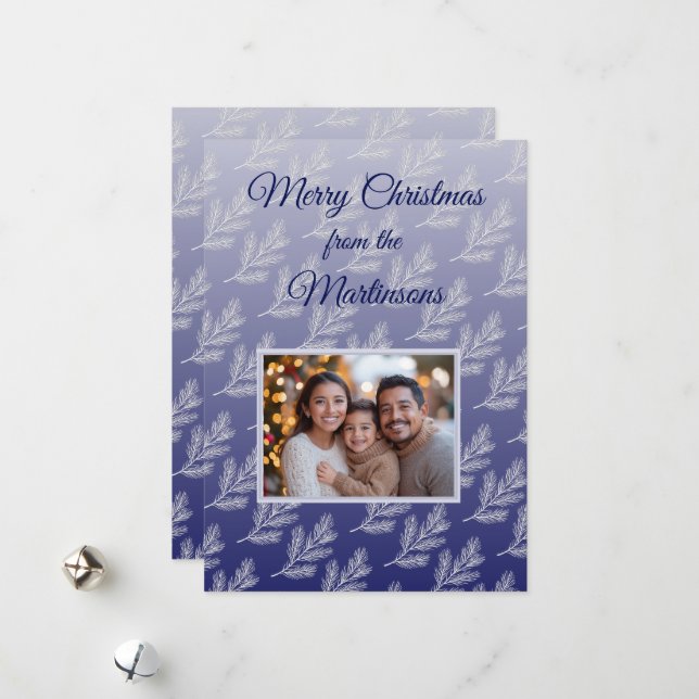 Merry Christmas White Branches Blue Photo  Holiday Card (Front/Back In Situ)
