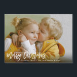 Merry Christmas White Brush Script Magnet Card<br><div class="desc">This trendy magnet card features brush script lettering and your favourite photo. Use the template to add your photo and personalisation.</div>