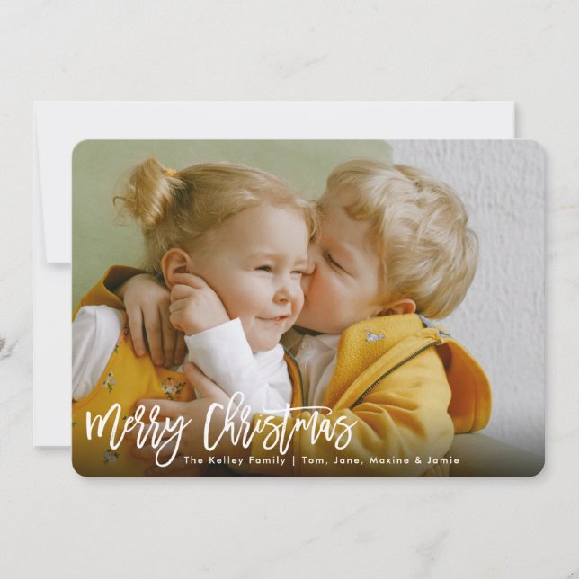 Merry Christmas White Brush Script Photo Holiday Card (Front)