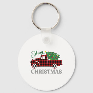 Merry Christmas White Buffalo Plaid Truck Tree Men Key Ring
