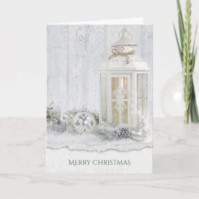 Merry Christmas white candle lantern with ornament Card (Front)