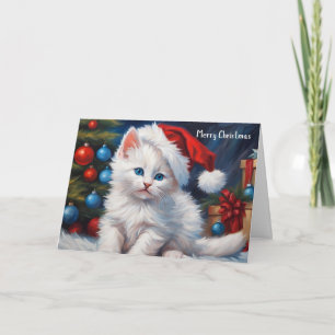 Merry Christmas White Cat and Christmas Tree Card