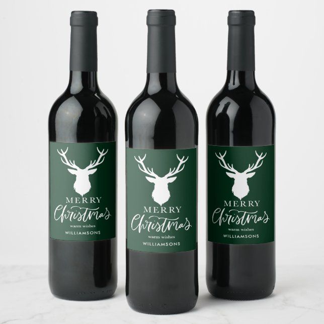 Merry Christmas White Deer Customised Green  Wine Label (Bottles)