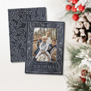 Merry Christmas White Foliage on Blue & Photo Holiday Card