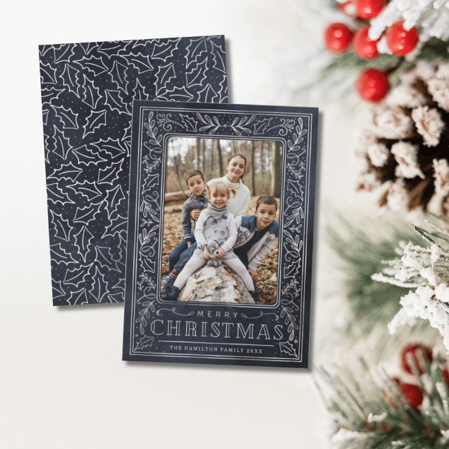 Merry Christmas White Foliage on Blue & Photo Holiday Card (Creator Uploaded)
