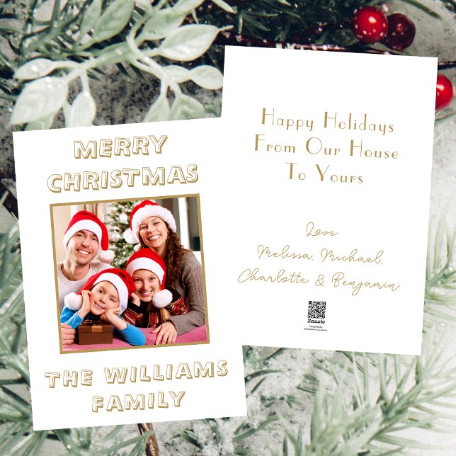 Merry Christmas White & Gold Family Photo Holiday Card (Front And Back)