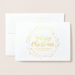 Merry Christmas white gold script rustic wreath  Foil Card