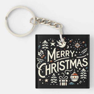 Merry Christmas White Graphic Typography Key Ring