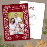 Merry Christmas White Greenery Message Photo Holiday Card<br><div class="desc">This dark red Christmas card showcases an elegant white winter greenery border than frames the vertical photo. The back side offers custom text for your personal message.</div>