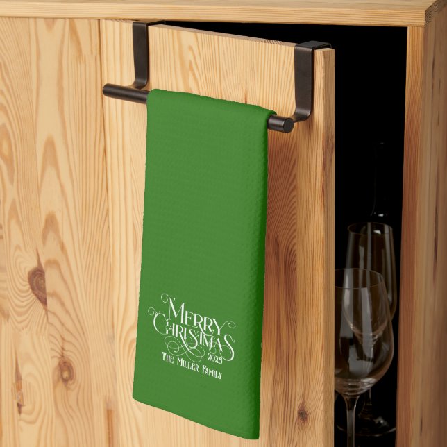 Merry Christmas White On Green Retro Typography Tea Towel (Thirds Fold)