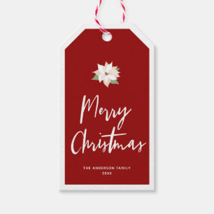 Merry Christmas White Poinsettia Red Gift Tags
