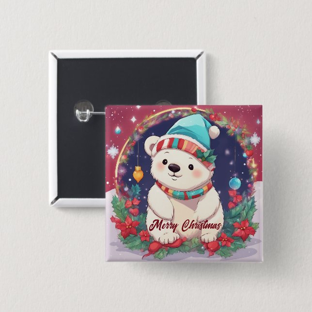 Merry Christmas White Polar Bear  15 Cm Square Badge (Front & Back)