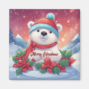 Merry Christmas White Polar Bear Magnet