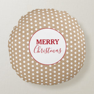Merry Christmas White Polka Dots Kraft Rustic  Round Cushion