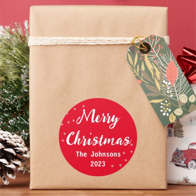 Merry Christmas White Red Simple Classic Round Sticker (Holiday)