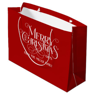 Merry Christmas White Retro Typography On Red Large Gift Bag