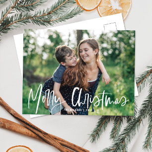 Merry Christmas White Script   Holiday Photo Postcard