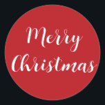 Merry Christmas White Script Red Simple Classic Round Sticker<br><div class="desc">Simple red sticker with a bold white script Merry Christmas. Perfect accessory for elegant gift or product wrapping with a vintage festive feel.</div>