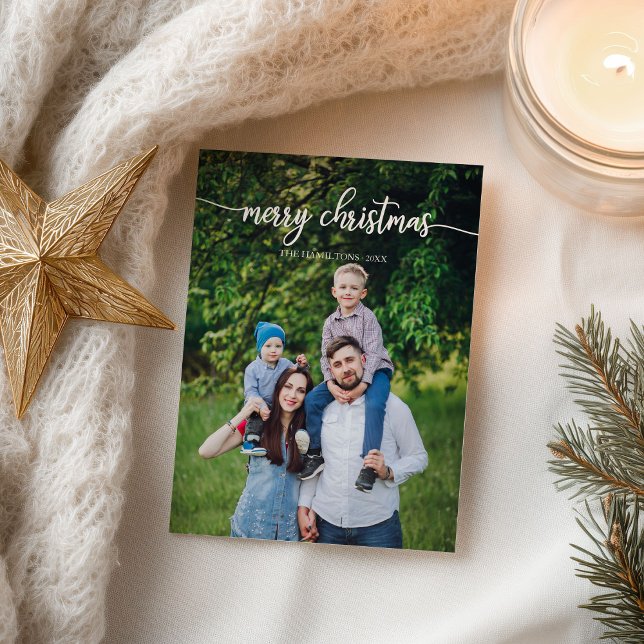 Merry Christmas White Script Unique Photo Postcard (Creator Uploaded)