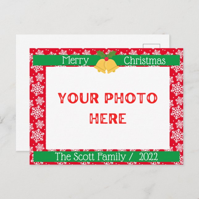 Merry Christmas White snow Family Photo Red Postcard (Front/Back)