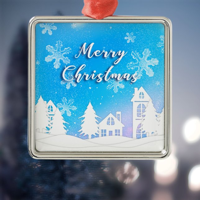 Merry Christmas White Snow House Blue Metal Ornament (Creator Uploaded)
