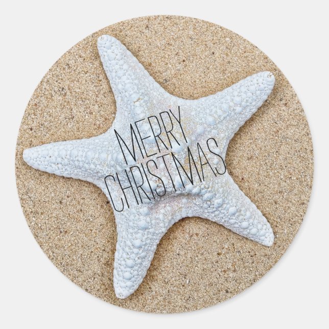 Merry Christmas White Starfish at the Beach Classic Round Sticker (Front)