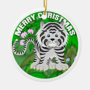 Merry Christmas White Tiger Ceramic Tree Decoration