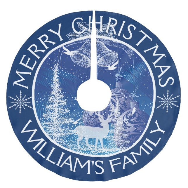 Merry Christmas White Trees Blue Background Brushed Polyester Tree Skirt (Front)