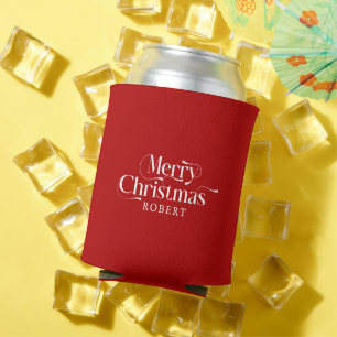 Merry Christmas White Typography Monogram Can Cooler