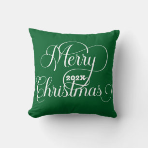 Merry Christmas White Typography On Green Cushion