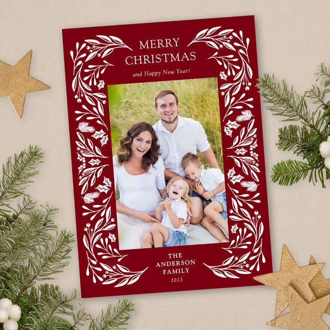 Merry Christmas White Winter Greenery Photo Holiday Card (Creator Uploaded)