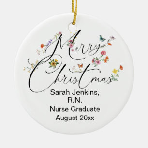 Merry Christmas Wild Flower R.N. Nurse Graduate Ceramic Ornament
