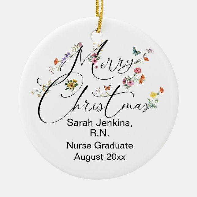 Merry Christmas Wild Flower R.N. Nurse Graduate Ceramic Ornament (Front)