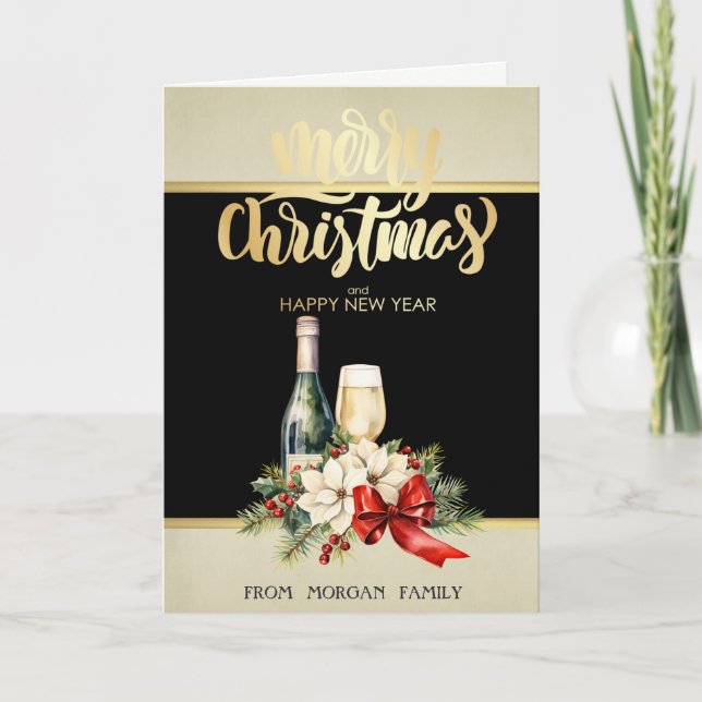 Merry Christmas,Wine, Poinsettia Holiday Card (Front)
