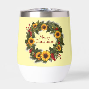 Merry Christmas Wine Sunflower Wreath Holly Joy