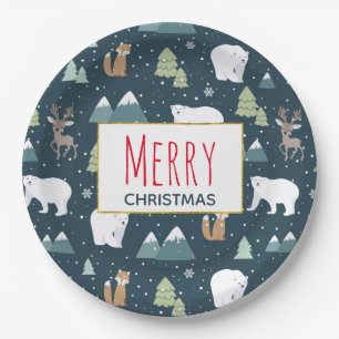 Merry Christmas Winter Animals Rustic Pattern Paper Plate