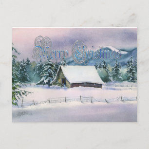 MERRY CHRISTMAS WINTER BARN by SHARON SHARPE Holiday Postcard