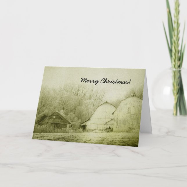 Merry Christmas, Winter Barns Vintage Look Holiday Card (Front)