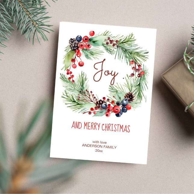 Merry Christmas winter berries pines wreath Holiday Card (Christmas greeting winter berries pine wreath template invitation instant download)