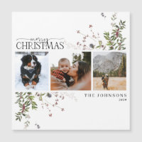 Merry Christmas Winter Berry 3 Photo Magnetic Card