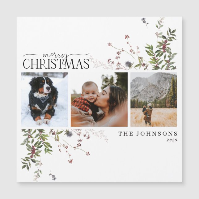 Merry Christmas Winter Berry 3 Photo Magnetic Card (Front)