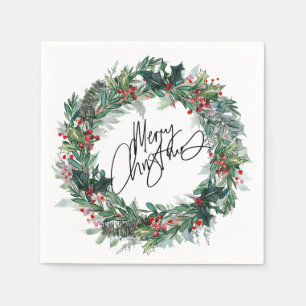 Merry Christmas Winter Berry Wreath Holiday Napkin