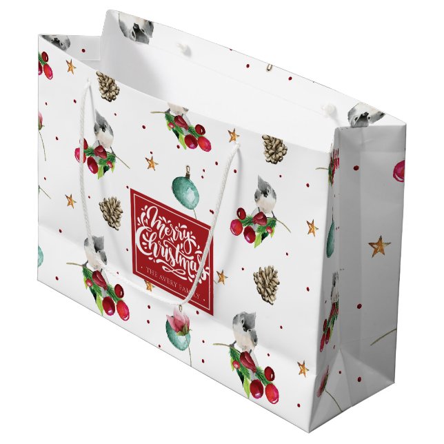 Merry Christmas Winter Bird Pattern Personalised Large Gift Bag (Front Angled)